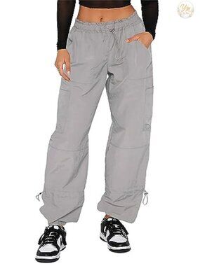 Womens Cargo Pants Baggy Parachute Pants Y2K Wide Leg Nylon Streetwear